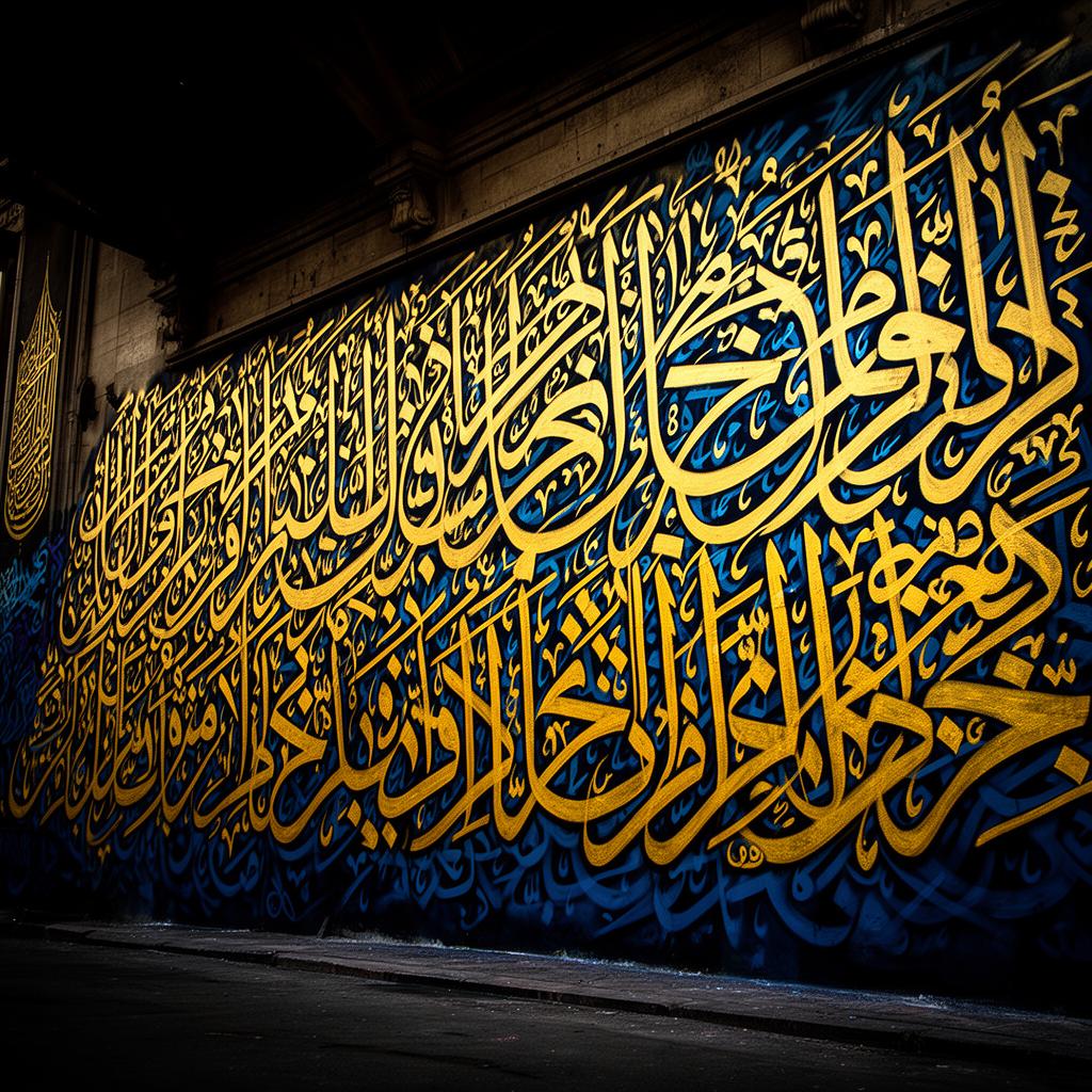 eL Seed-style calligraffiti mural with intricate layered Arabic script in gold and deep blue