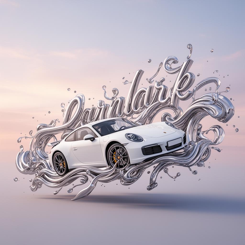 Chris Labrooy-style surrealist rendering of a pristine white sports car wrapped in liquid metal typography