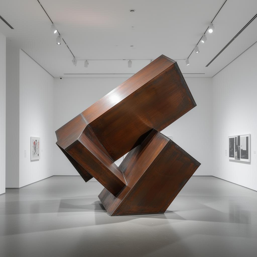 Shaikha Al Mazrou-style minimalist industrial steel and copper geometric sculpture in a gallery