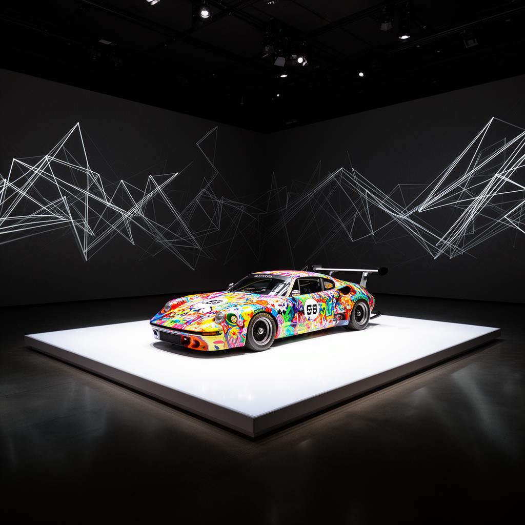 Art-painted race car on a brightly lit central white plinth inside a minimalist dark museum gallery with digital projection lines