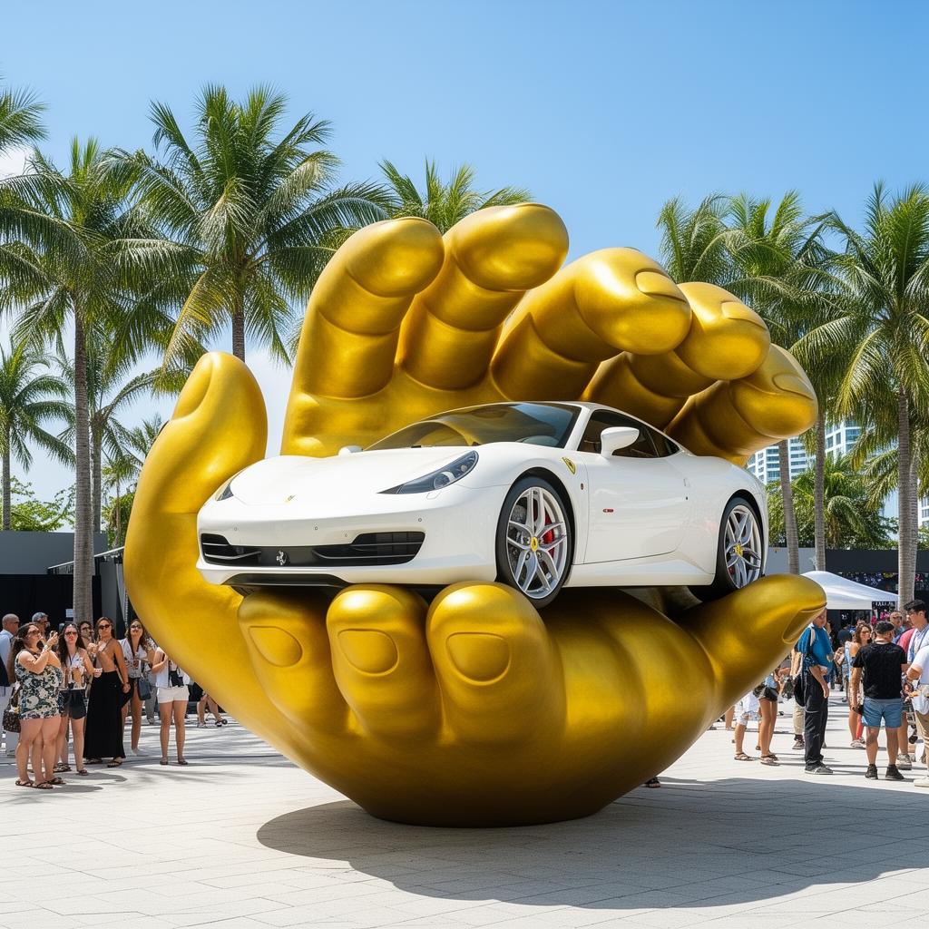 Larger-than-life golden sculptural hand cradling a pristine white sports car at an outdoor Miami art installation
