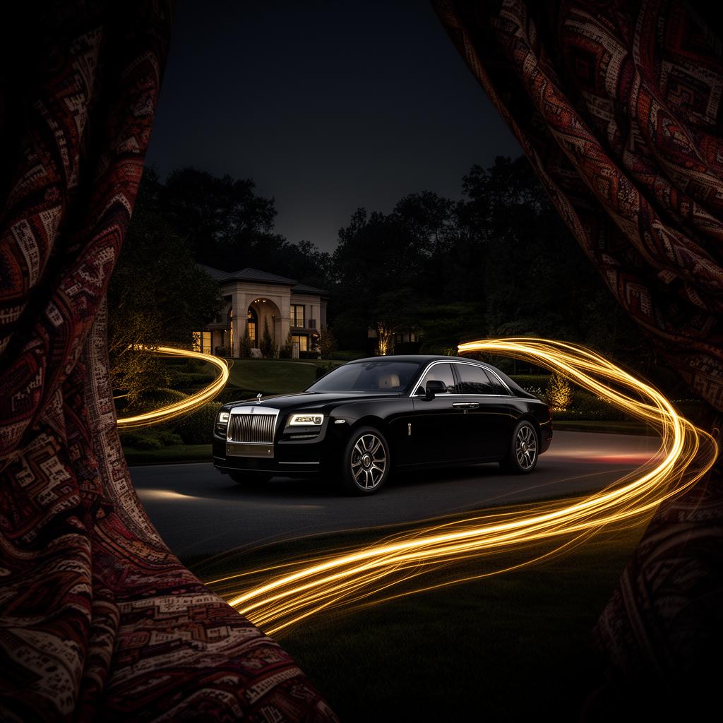 Black Rolls-Royce vehicle at a luxury estate at night, framed by immersive local textile patterns and golden light trails